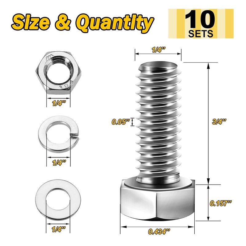 MYWISH (10 Sets) 1/4-20x3/4 Hex Head Assorted Screws Nuts and Bolts with Flat & Lock Washers, 304 Stainless Steel 18-8, Fully Threaded, 1/4 Bolt Metric Bolt Assortment - Image 2